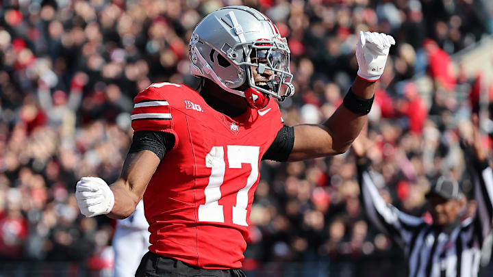 Ohio State Buckeyes WR Carnell Tate celebrates his touchdown during the second quarter against the Penn State Nittany Lions.
