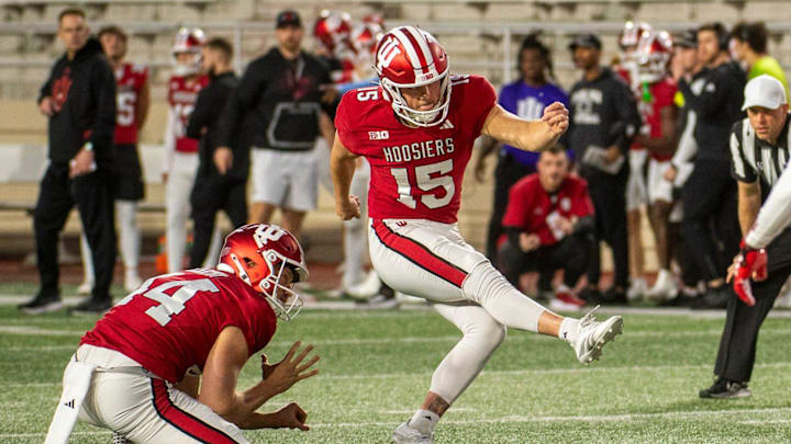 Nico Radicic kicks an extra point during the Indiana football spring game Thursday, April 17, 2025, at Memorial Stadium. Nico Radicic kicks an extra point during the Indiana football spring game Thursday, April 17, 2025, at Memorial Stadium.
