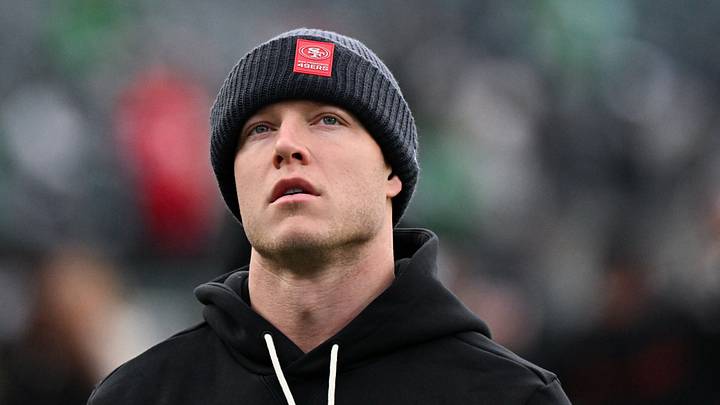 San Francisco 49ers running back Christian McCaffrey (23) looks on during warmups