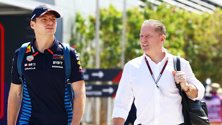 BAHRAIN, BAHRAIN - FEBRUARY 29: Max Verstappen of the Netherlands and Oracle Red Bull Racing and Jos Verstappen walk in the Paddock prior to practice ahead of the F1 Grand Prix of Bahrain at Bahrain International Circuit on February 29, 2024 in Bahrain, Bahrain. (Photo by Mark Thompson/Getty Images)