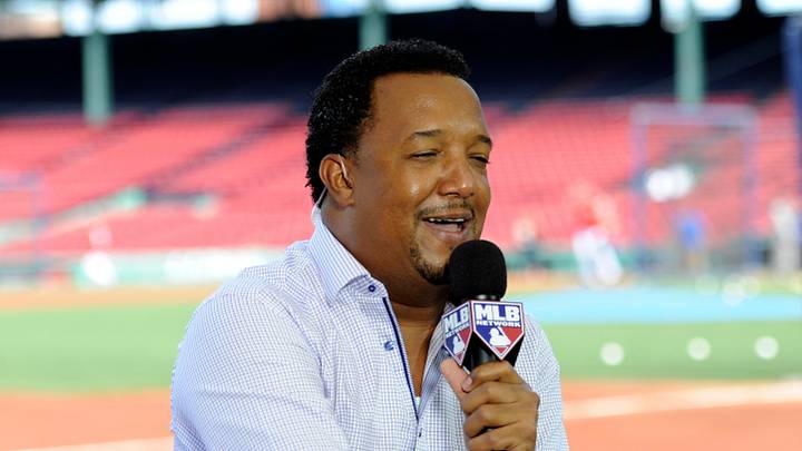Jun 23, 2017; Boston, MA, USA; Boston Red Sox former pitcher Pedro Martinez talks on the MLB Network prior to a game against the Los Angeles Angels at Fenway Park. Mandatory Credit: Bob DeChiara-USA TODAY Sports