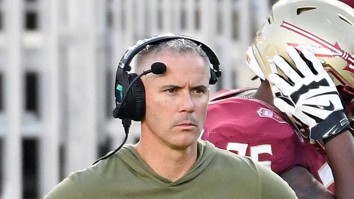 Nov 2, 2024; Tallahassee, Florida, USA; Florida State Seminoles head coach Mike Norvell looks on from the sideline after the North Carolina Tarheels score a final touchdown in the fourth quarter at Doak S. Campbell Stadium. Mandatory Credit: Robert Myers-Imagn Images
