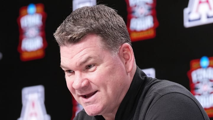 Apr 2, 2026; Indianapolis, IN, USA; Arizona head coach Tommy Lloyd during a press conference ahead of the Final Four of the men's 2026 NCAA Tournament at Lucas Oil Stadium. Mandatory Credit: Robert Deutsch-Imagn Images