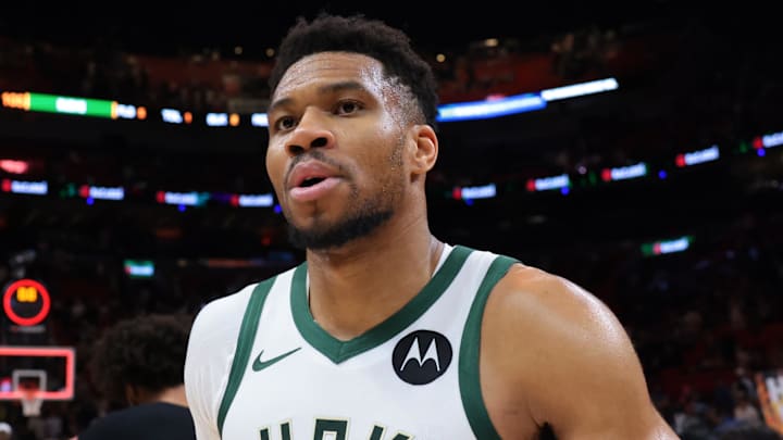 Mar 12, 2026; Miami, Florida, USA; Milwaukee Bucks forward Giannis Antetokounmpo (34) looks on after the game against the Miami Heat at Kaseya Center. Mandatory Credit: Sam Navarro-Imagn Images
