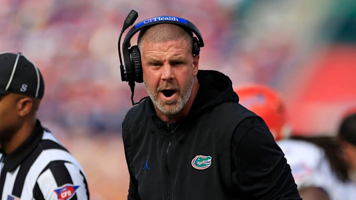 Florida Gators head coach Billy Napier argues with officials during the first quarter of an NCAA college football matchup Saturday, Nov. 2, 2024 at EverBank Stadium in Jacksonville, Fla. The Georgia Bulldogs defeated the Florida Gators 34-20. [Corey Perrine/Florida Times-Union]