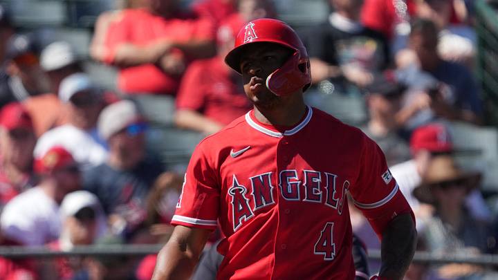 Mar 13, 2026; Tempe, Arizona, USA; Los Angeles Angels second baseman Christian Moore (4) reacts after striking out against the Cleveland Guardians in the second inning at Tempe Diablo Stadium. Mandatory Credit: Rick Scuteri-Imagn Images Mar 13, 2026; Tempe, Arizona, USA; Los Angeles Angels second baseman Christian Moore (4) reacts after striking out against the Cleveland Guardians in the second inning at Tempe Diablo Stadium. Mandatory Credit: Rick Scuteri-Imagn Images