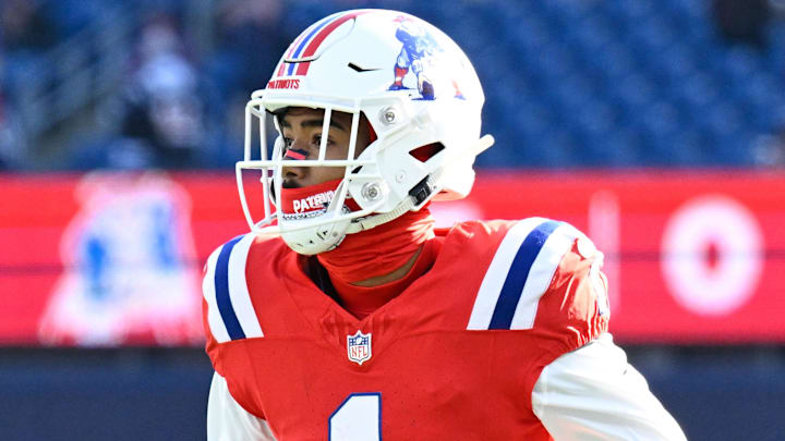 Dec 1, 2024; Foxborough, Massachusetts, USA; New England Patriots wide receiver Ja'Lynn Polk (1) warms up before a game against the Indianapolis Colts at Gillette Stadium. Mandatory Credit: Eric Canha-Imagn Images