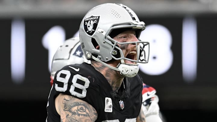 Oct 15, 2023; Paradise, Nevada, USA; Las Vegas Raiders defensive end Maxx Crosby (98) Mandatory Credit: Candice Ward-Imagn Images Oct 15, 2023; Paradise, Nevada, USA; Las Vegas Raiders defensive end Maxx Crosby (98) Mandatory Credit: Candice Ward-Imagn Images