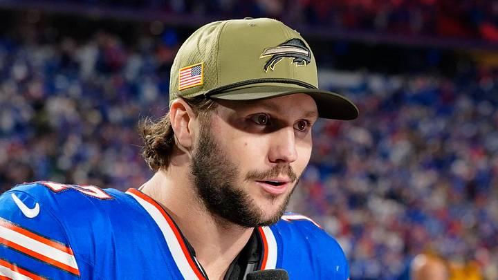 Nov 2, 2025; Orchard Park, New York, USA; Buffalo Bills quarterback Josh Allen (17) is interviewed after the game against the Kansas City Chiefs at Highmark Stadium. Mandatory Credit: Gregory Fisher-Imagn Images