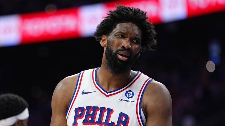May 10, 2026; Philadelphia, Pennsylvania, USA; Philadelphia 76ers center Joel Embiid (21) reacts against the New York Knicks in the second quarter during game four of the second round of the 2026 NBA Playoffs at Xfinity Mobile Arena. Mandatory Credit: Kyle Ross-Imagn Images