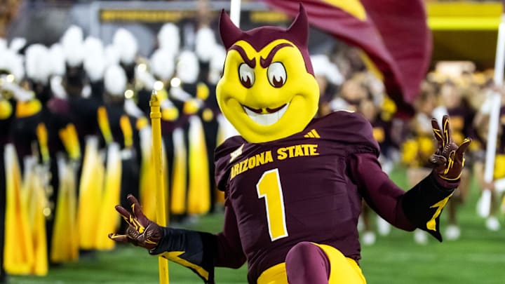 Nov 28, 2025; Tempe, Arizona, USA; Arizona State Sun Devils mascot Sparky during the 99th Territorial Cup at Mountain America Stadium. Mandatory Credit: Mark J. Rebilas-Imagn Images Nov 28, 2025; Tempe, Arizona, USA; Arizona State Sun Devils mascot Sparky during the 99th Territorial Cup at Mountain America Stadium. Mandatory Credit: Mark J. Rebilas-Imagn Images