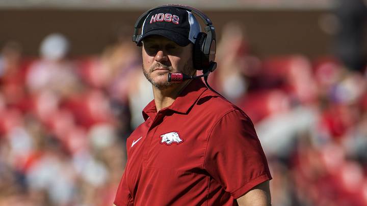Arkansas Razorbacks head coach Ryan Silverfield walks back to the sidelines during the second quarter against the Tennessee Volunteers at Razorback Stadium. Arkansas Razorbacks head coach Ryan Silverfield walks back to the sidelines during the second quarter against the Tennessee Volunteers at Razorback Stadium.