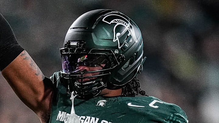 Michigan State linebacker Jordan Hall (5) celebrates a play against Michigan during the first half at Spartan Stadium in East Lansing on Saturday, October 25, 2025.