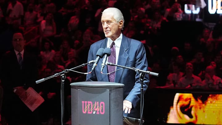Jan 19, 2024; Miami, Florida, USA; Miami Heat president Pat Riley speaks during the jersey retirement ceremony for former player Udonis Haslem during halftime of the game between the Miami Heat and the Atlanta Hawks Kaseya Center. Mandatory Credit: Jasen Vinlove-Imagn Images