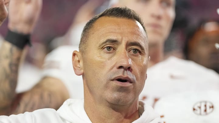 Nov 15, 2025; Athens, Georgia, USA; Texas Longhorns head coach Steve Sarkisian gestures after a game against the Georgia Bulldogs at Sanford Stadium. Mandatory Credit: Dale Zanine-Imagn Images