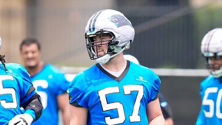 Carolina Panthers tackle Monroe Freeling (57) and guard Ja¥Tyre Carter (65) during the first day 