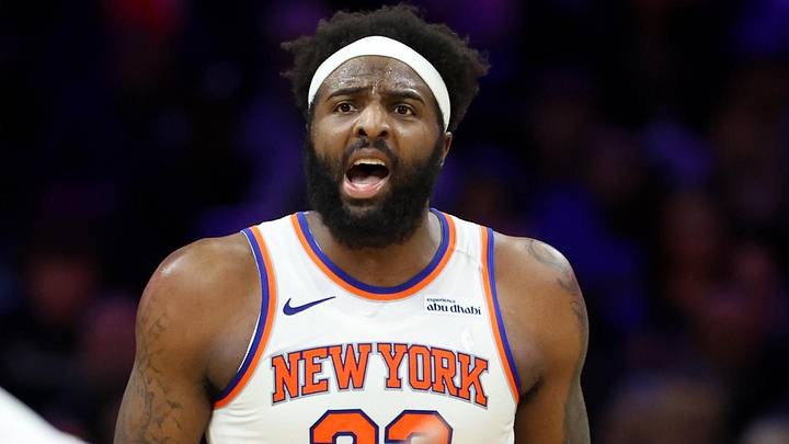Jan 24, 2026; Philadelphia, Pennsylvania, USA; New York Knicks center Mitchell Robinson (23) reacts after a score against the Philadelphia 76ers during the third quarter at Xfinity Mobile Arena. Mandatory Credit: Bill Streicher-Imagn Images