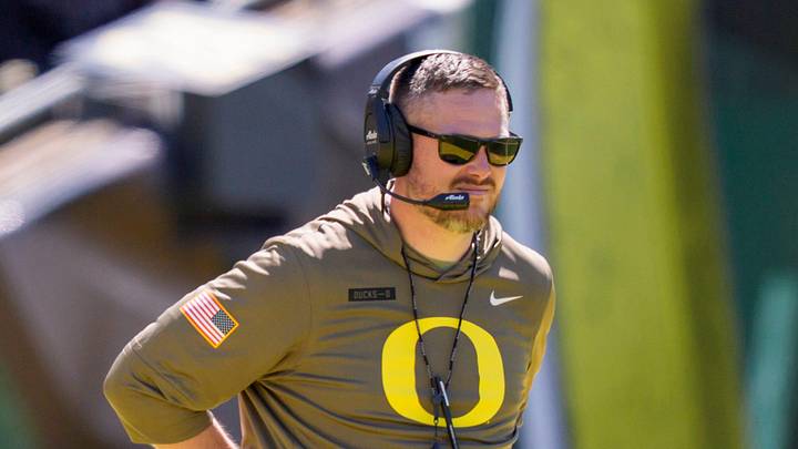 Oregon head coach Dan Lanning looks on during the Oregon Ducks annual spring game on April 25, 2026 at Autzen Stadium in Eugene, Oregon. Oregon head coach Dan Lanning looks on during the Oregon Ducks annual spring game on April 25, 2026 at Autzen Stadium in Eugene, Oregon.