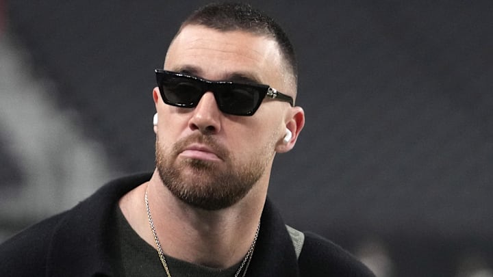 Jan 4, 2026; Paradise, Nevada, USA; Kansas City Chiefs tight end Travis Kelce (87) arrives before the game against the Las Vegas Raiders at Allegiant Stadium. Mandatory Credit: Kirby Lee-Imagn Images