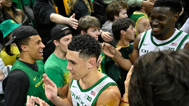 Mar 4, 2025; Eugene, Oregon, USA; Oregon Ducks guard Jackson Shelstad (3) is congratulated by fans after a 73-64 win against the Indiana Hoosiers at Matthew Knight Arena. Mandatory Credit: Craig Strobeck-Imagn Images Mar 4, 2025; Eugene, Oregon, USA; Oregon Ducks guard Jackson Shelstad (3) is congratulated by fans after a 73-64 win against the Indiana Hoosiers at Matthew Knight Arena. Mandatory Credit: Craig Strobeck-Imagn Images