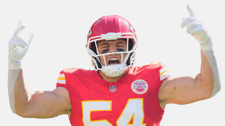 Sep 28, 2025; Kansas City, Missouri, USA; Kansas City Chiefs linebacker Leo Chenal (54) takes the field before the game against the Baltimore Ravens at GEHA Field at Arrowhead Stadium. Mandatory Credit: Jay Biggerstaff-Imagn Images