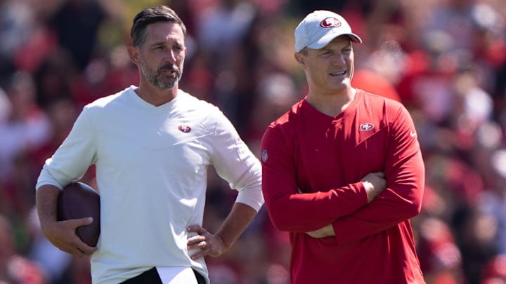 San Francisco 49ers head coach Kyle Shanahan (left) and general manager John Lynch watch the players during Training Camp at the SAP Performance Facility near Levi Stadium.