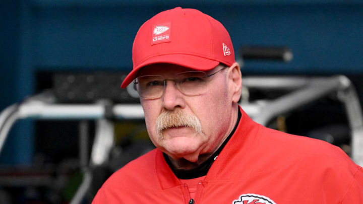 Dec 21, 2025; Nashville, Tennessee, USA; Kansas City Chiefs head coach Andy Reid before a game against the Tennessee Titans at Nissan Stadium. Mandatory Credit: Steve Roberts-Imagn Images