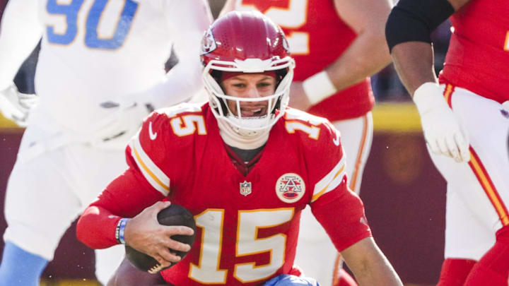 Dec 14, 2025; Kansas City, Missouri, USA; Los Angeles Chargers linebacker Troy Dye (43) sacks Kansas City Chiefs quarterback Patrick Mahomes (15) during the first quarter at GEHA Field at Arrowhead Stadium. Mandatory Credit: Denny Medley-Imagn Images