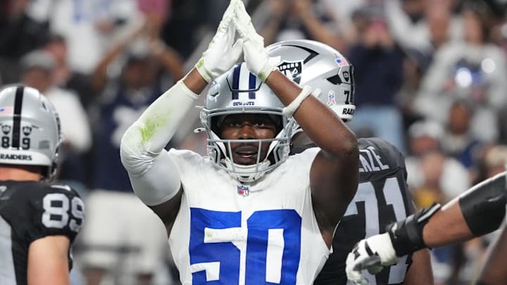 Dallas Cowboys linebacker Shemar James reacts after scoring a safety against the Las Vegas Raiders. Dallas Cowboys linebacker Shemar James reacts after scoring a safety against the Las Vegas Raiders.