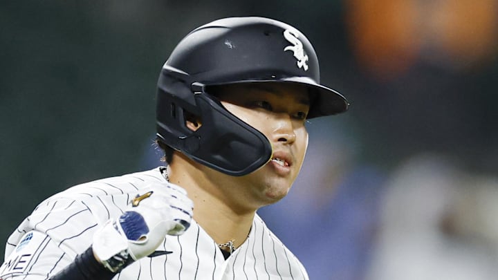 Apr 27, 2026; Chicago, Illinois, USA; Chicago White Sox first baseman Munetaka Murakami (5) rounds the bases after hitting a three-run home run against the Los Angeles Angels during the seventh inning at Rate Field. Mandatory Credit: Kamil Krzaczynski-Imagn Images