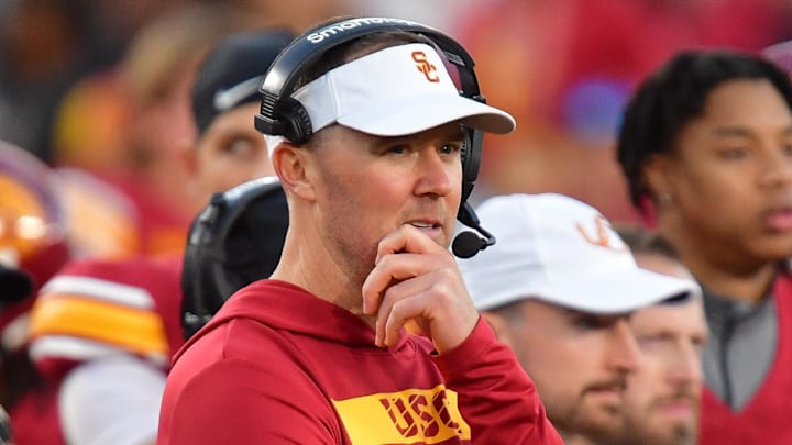 Nov 16, 2024; Los Angeles, California, USA; Southern California Trojans head coach Lincoln Riley watches game action against the Nebraska Cornhuskers during the second half at the Los Angeles Memorial Coliseum.