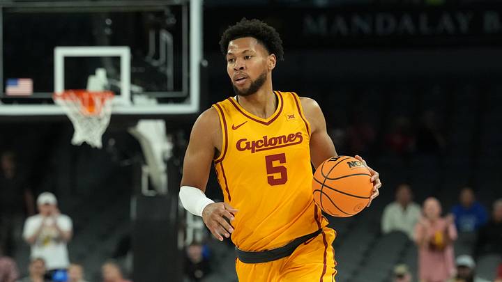 Nov 25, 2025; Las Vegas, Nevada, USA; Iowa State Cyclones forward Joshua Jefferson (5) dribbles the ball against the Creighton Bluejays in a 2025 Players Era Festival group play game at Michelob Ultra Arena. Nov 25, 2025; Las Vegas, Nevada, USA; Iowa State Cyclones forward Joshua Jefferson (5) dribbles the ball against the Creighton Bluejays in a 2025 Players Era Festival group play game at Michelob Ultra Arena.