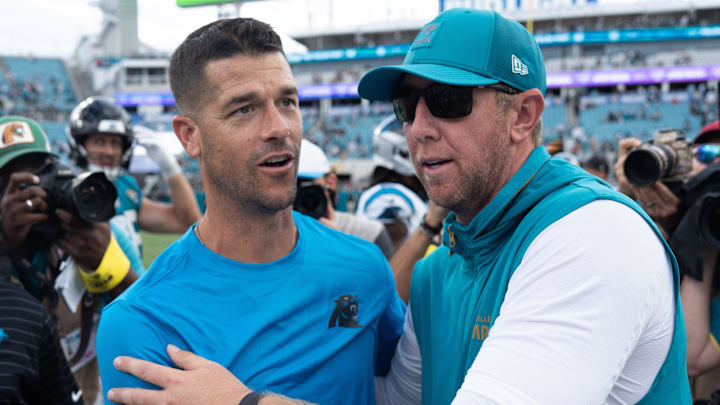 Carolina Panthers head coach Dave Canales and Carolina Panthers head coach Liam Coen [Doug Engle/Florida Times-Union]