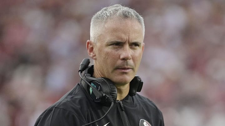 Aug 30, 2025; Tallahassee, Florida, USA; Florida State Seminoles head coach Mike Norvell reacts after a play against the Alabama Crimson Tide during the second half at Doak S. Campbell Stadium. Mandatory Credit: Melina Myers-Imagn Images