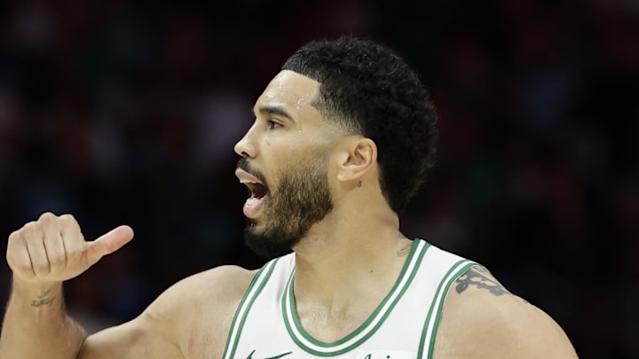 Mar 29, 2026; Charlotte, North Carolina, USA; Boston Celtics forward/guard Jayson Tatum (0) reacts to the crowd after making a basket during the second half against the Charlotte Hornets at Spectrum Center. Mandatory Credit: Brian Westerholt-Imagn Images