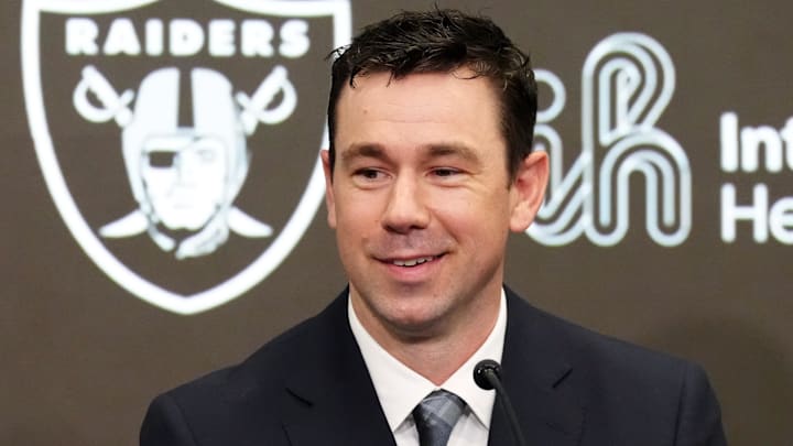 Feb 10, 2026; Henderson, NV, USA; Las Vegas Raiders coach Klint Kubiak speaks at introductory press conference at Intermountain Health Performance Center. Mandatory Credit: Kirby Lee-Imagn Images
