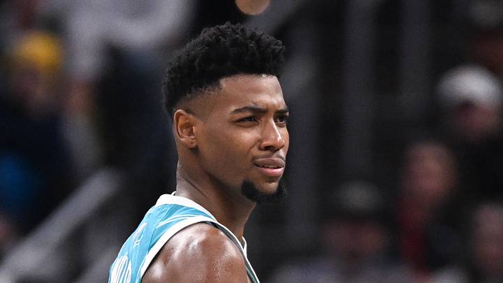 Dec 8, 2024; Indianapolis, Indiana, USA; Charlotte Hornets forward Brandon Miller (24) reacts after a play during the second half against the Indiana Pacers at Gainbridge Fieldhouse. Mandatory Credit: Robert Goddin-Imagn Images