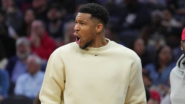 Giannis Antetokounmpo reacts (Mandatory Credit: Kyle Ross-Imagn Images)