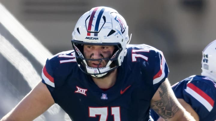 Nov 8, 2025; Tucson, Arizona, USA; Arizona Wildcats offensive lineman Tristan Bounds (71) against the Kansas Jayhawks at Arizona Stadium. Mandatory Credit: Mark J. Rebilas-Imagn Images Nov 8, 2025; Tucson, Arizona, USA; Arizona Wildcats offensive lineman Tristan Bounds (71) against the Kansas Jayhawks at Arizona Stadium. Mandatory Credit: Mark J. Rebilas-Imagn Images