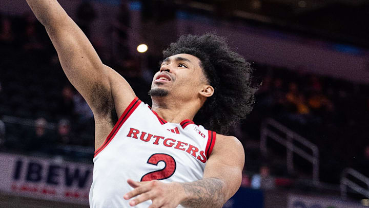 Mar 12, 2025; Indianapolis, IN, USA; Rutgers Scarlet Knights guard Dylan Harper (2) shoots the ball in the second half against the USC Trojans at Gainbridge Fieldhouse. Mandatory Credit: Trevor Ruszkowski-Imagn Images Mar 12, 2025; Indianapolis, IN, USA; Rutgers Scarlet Knights guard Dylan Harper (2) shoots the ball in the second half against the USC Trojans at Gainbridge Fieldhouse. Mandatory Credit: Trevor Ruszkowski-Imagn Images