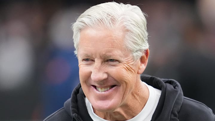 Dec 7, 2025; Paradise, Nevada, USA;  Las Vegas Raiders head coach Pete Carroll on the field prior to a game against the Denver Broncos at Allegiant Stadium. Mandatory Credit: Stephen R. Sylvanie-Imagn Images