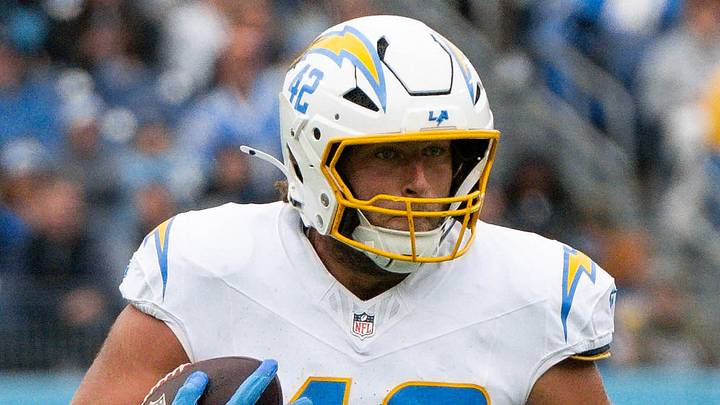 Nov 2, 2025; Nashville, Tennessee, USA; Los Angeles Chargers tight end Tucker Fisk (42) runs with the ball after a made catch against the Tennessee Titans during the first half at Nissan Stadium. Mandatory Credit: Steve Roberts-Imagn Images Nov 2, 2025; Nashville, Tennessee, USA; Los Angeles Chargers tight end Tucker Fisk (42) runs with the ball after a made catch against the Tennessee Titans during the first half at Nissan Stadium. Mandatory Credit: Steve Roberts-Imagn Images