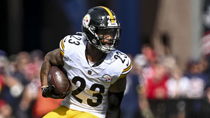 Sep 21, 2025; Foxborough, Massachusetts, USA; Pittsburgh Steelers cornerback Darius Slay (23) reacts after a fumble recovery during the first quarter at Gillette Stadium. Mandatory Credit: Brian Fluharty-Imagn Images