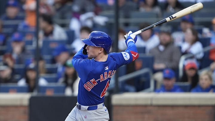 May 10, 2025; New York City, New York, USA; Chicago Cubs center fielder Pete Crow-Armstrong (4) hits a single against the New York Mets during the first inning at Citi Field.