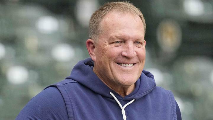 May 26, 2026; Milwaukee, Wisconsin, USA; Milwaukee Brewers manager Pat Murphy (49) chats with friends and fans before a game against the St. Louis Cardinals at American Family Field. Mandatory Credit: Michael McLoone-Imagn Images