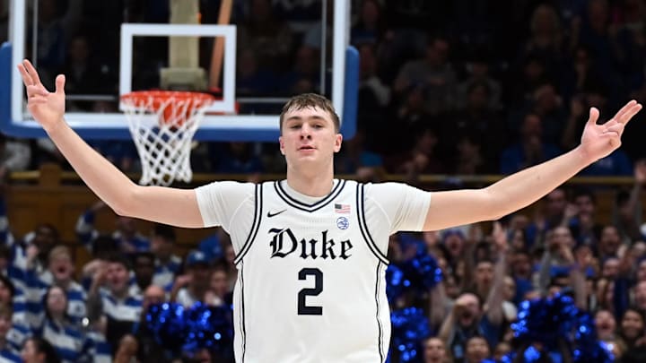 Jan 11, 2025; Durham, North Carolina, USA; Duke Blue Devils forward Cooper Flagg (2) reacts during the second half against the Notre Dame Fighting Irish at Cameron Indoor Stadium. Mandatory Credit: Rob Kinnan-Imagn Images