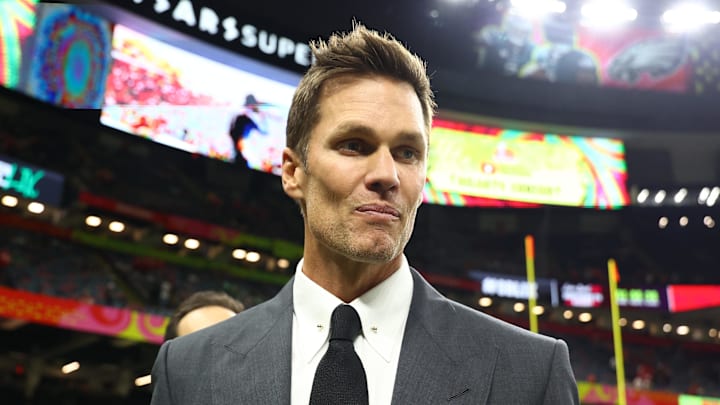 Tom Brady on the field before Super Bowl LIX between the Philadelphia Eagles and the Kansas City Chiefs.