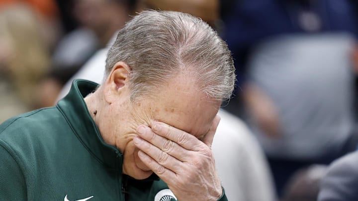 Mar 27, 2026; Washington, DC, USA; Michigan State Spartans head coach Tom Izzo reacts after losing to UConn Huskies in a Sweet Sixteen game of the East Regional of the men's 2026 NCAA Tournament at Capital One Arena.