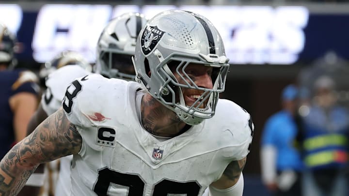 Nov 30, 2025; Inglewood, California, USA; Las Vegas Raiders defensive end Maxx Crosby (98) reacts after a tackle against the Los Angeles Chargers during the second half at SoFi Stadium. Mandatory Credit: Kiyoshi Mio-Imagn Images
