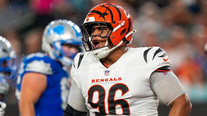 Cincinnati Bengals defensive tackle Landon Robinson (96) celebrates after breaking up a play in the second quarter of the NFL Preseason game between the Cincinnati Bengals and the Detroit Lions at Paycor Stadium in Cincinnati on Thursday, Aug. 13, 2026.